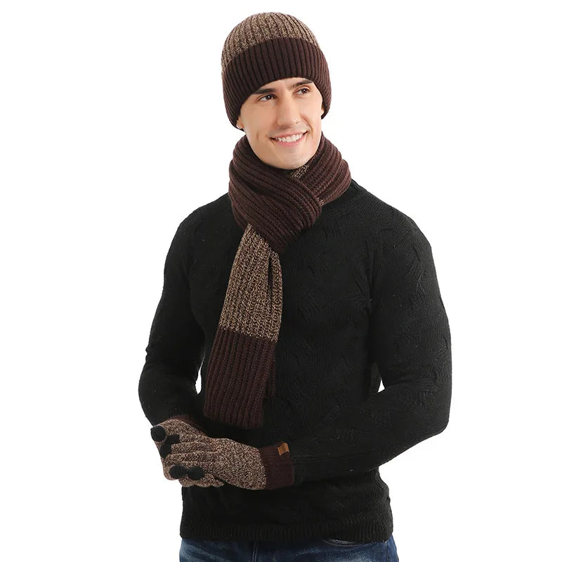 Men's Jacquard Knitted 100% Acrylic Warm Winter Luxury Fishing Beanie Hat and Scarf with Neck Warmer Touch Screen
