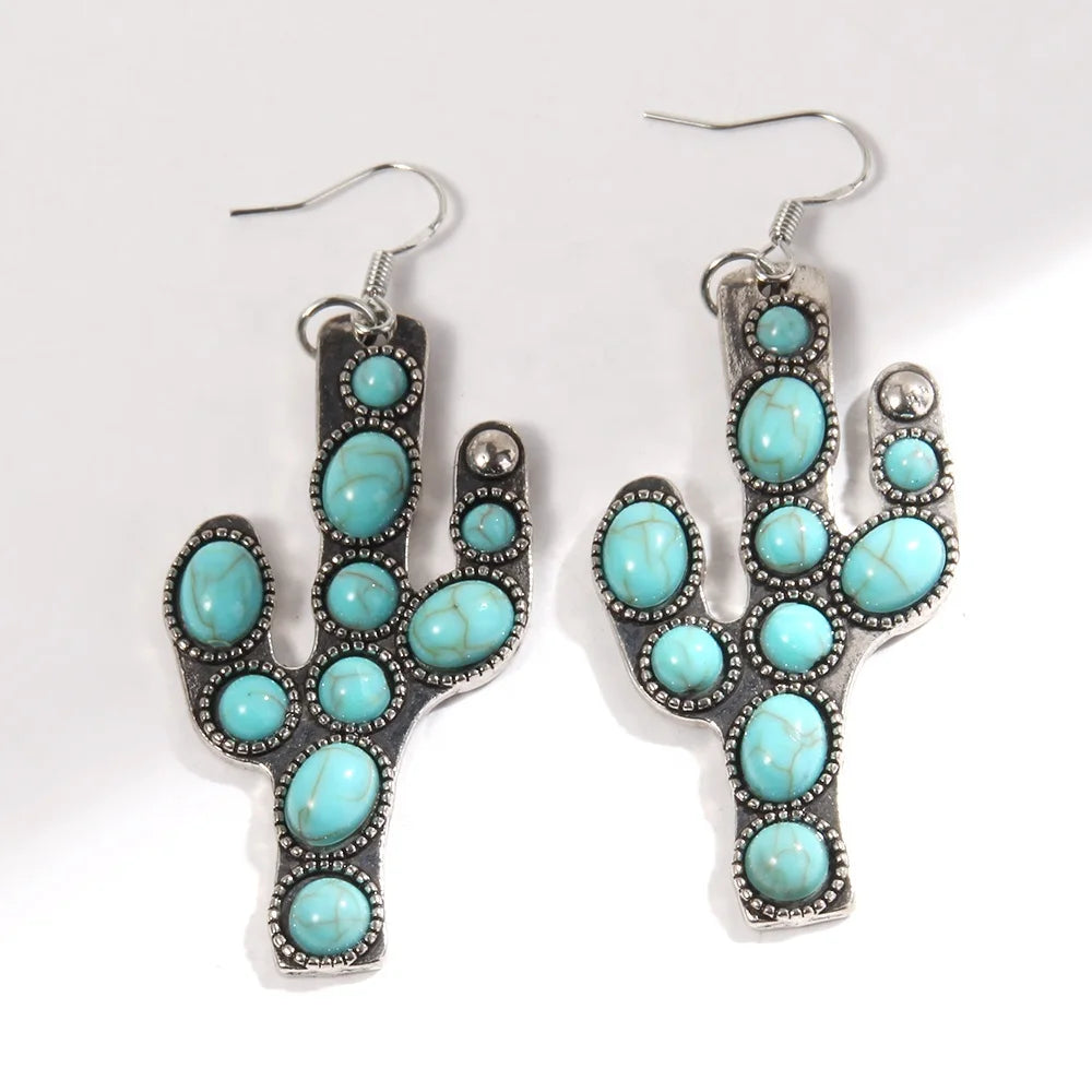 Ethnic Style Western Jewelry Irregular Geometric Oval Cactus Cross Earrings Turquoise Retro Earrings