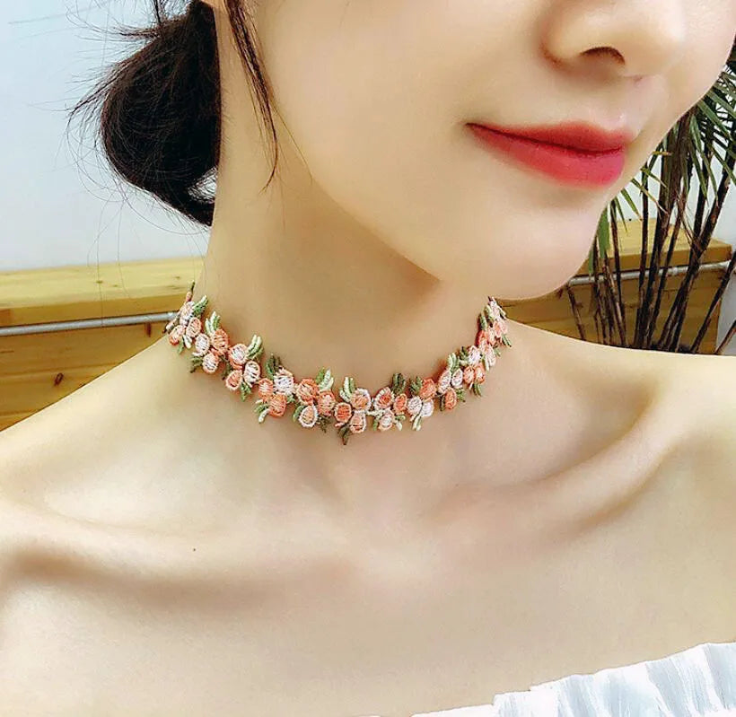 Boho Embroidery Flower Choker Necklace for Women Girls Romantic Lace Collars Jewelry