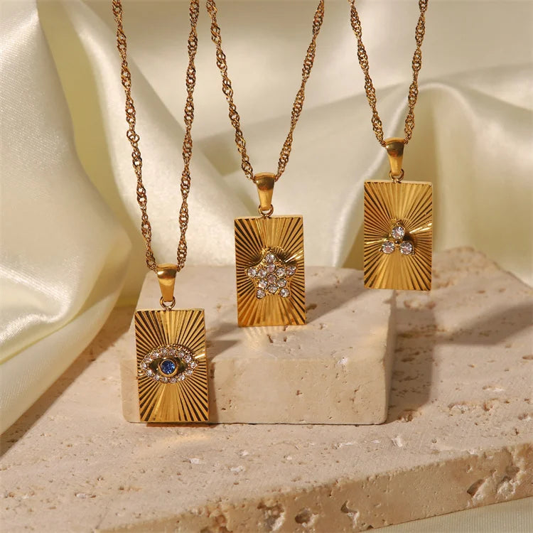 Vintage Blue Eye Crystal Clavicle Necklace 18k Gold Plated Stainless Steel Rectangle Pendant Necklace for Women