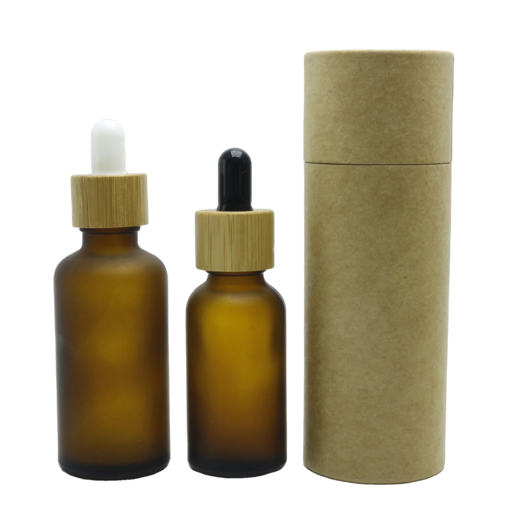 Customized Essential Oil Glass Empty Serum Bottle 30ml 50ml 100ml Frosted Brown Dropper Bottle with Bamboo Dropper