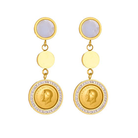 New Arrival Trendy 18K Gold Plated Vintage Stainless Steel Round Geometric Queen Letter Coin Drop Earring