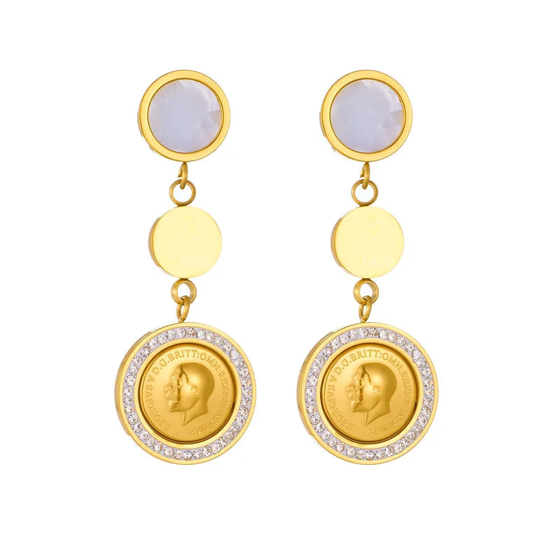 New Arrival Trendy 18K Gold Plated Vintage Stainless Steel Round Geometric Queen Letter Coin Drop Earring