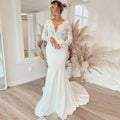 13680#Sexy Deep V-Neck Bohemian Long Sleeves Vintage Sweep Train Soft Satin Lace Mermaid Buttons Wedding Dress Bridal Gown