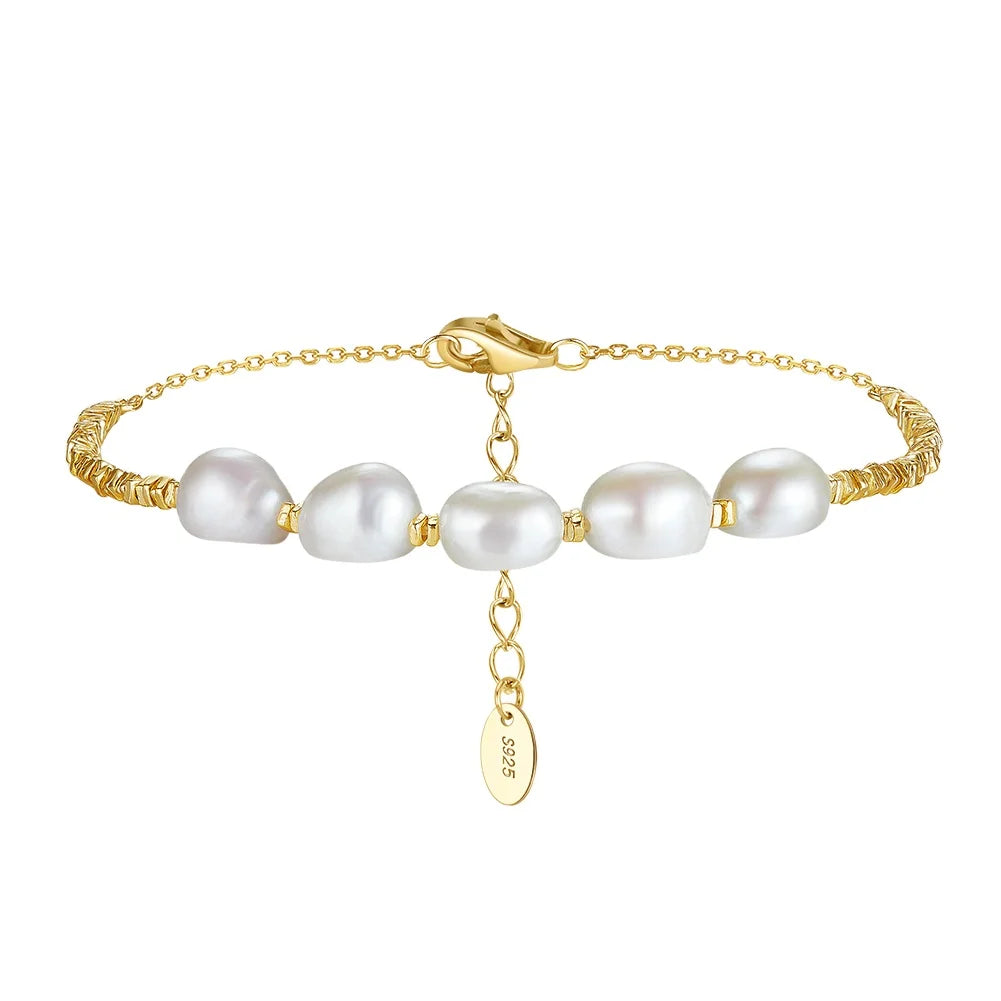 Ins Fashion 925 Sterling Silver Geometry Natural Freshwater Pearl Gold Plated Adjustable Bracelet Jewelry for Women