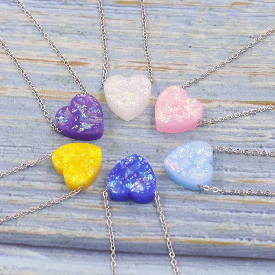 Simple Stainless Steel Opal Love Heart Shape Pendant Necklace Heart Shape Opal Stone Pendant Necklace