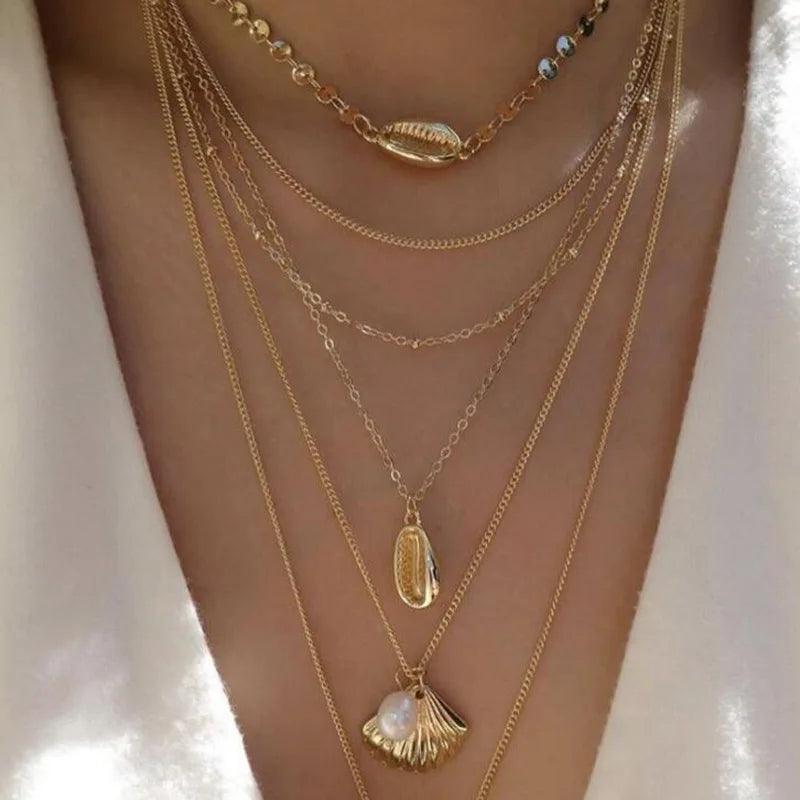New Style Trendy Chain Conch Pendant Charm Necklace Fashion Gold Shell Multilayer Necklaces Jewelry Wholesale
