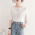 Ice Silk Knitted Top Summer Women's Fashion Slash Neck Short Sleeve T-shirt Loose Korean Bottoming Shirts Off Shoulder Y2k Tops