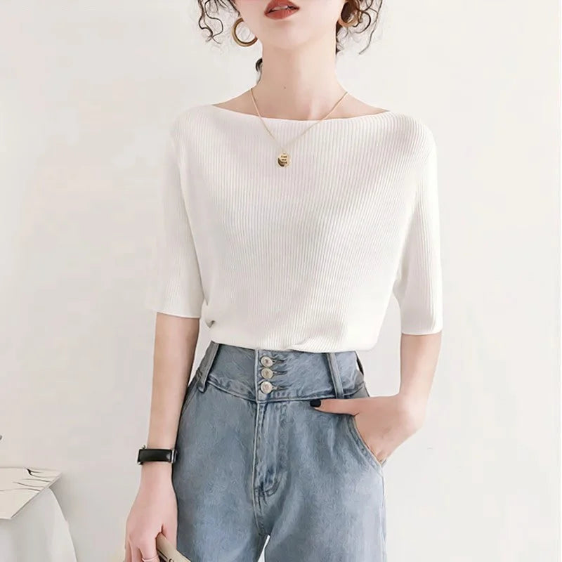 Ice Silk Knitted Top Summer Women's Fashion Slash Neck Short Sleeve T-shirt Loose Korean Bottoming Shirts Off Shoulder Y2k Tops