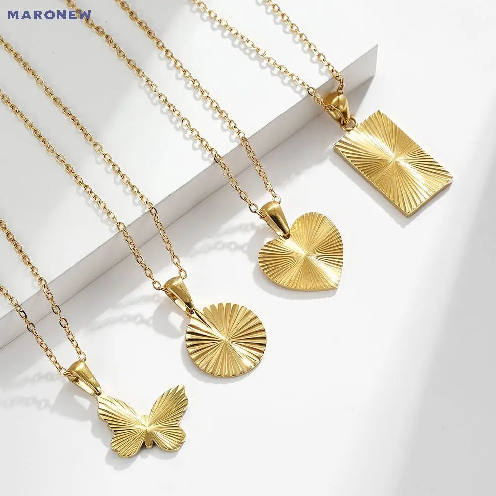 MARONEW PVD Plated 18K Gold Shaped Pendant Heart Sunshine Geometric Burst Sunburst Texture Necklace for Women Collier