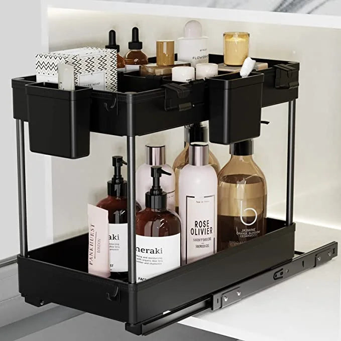 2-Tier Under-Sink Cabinet Organizer Sliding Baskets Drawers Stackable Storage Shelf Kitchen Bathroom Durable Plastic Kitchen