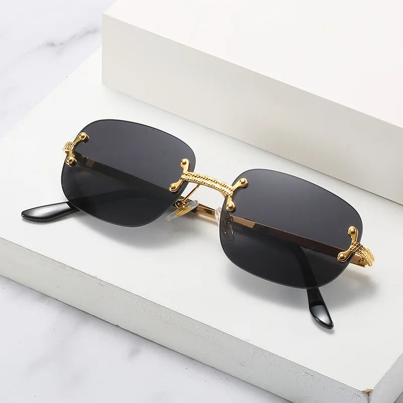 UNOC Luxury Rimless Hexagon Sunglasses 2021 Gold and Blue New Retro Metal Sun Glasses with Small Frame for Men and Women