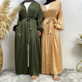 1950# New Arrival Printed Satin Open Abaya With Feather Cuff Long Sleeve Abaya Kimono With Belt 7 Colors