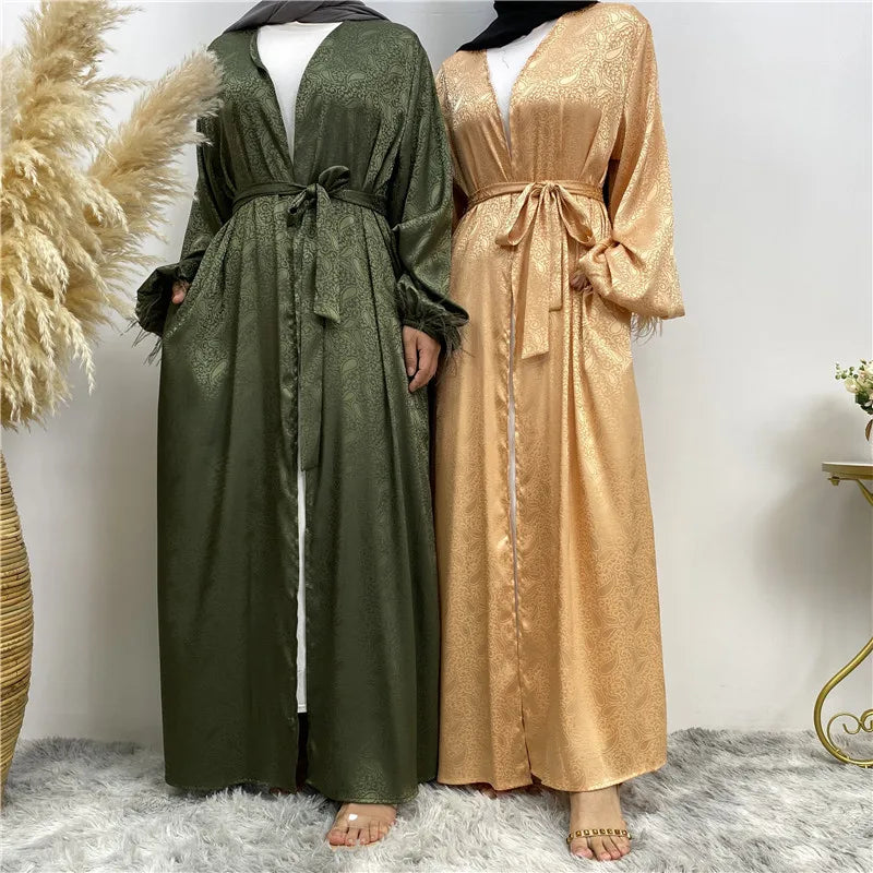 1950# New Arrival Printed Satin Open Abaya With Feather Cuff Long Sleeve Abaya Kimono With Belt 7 Colors