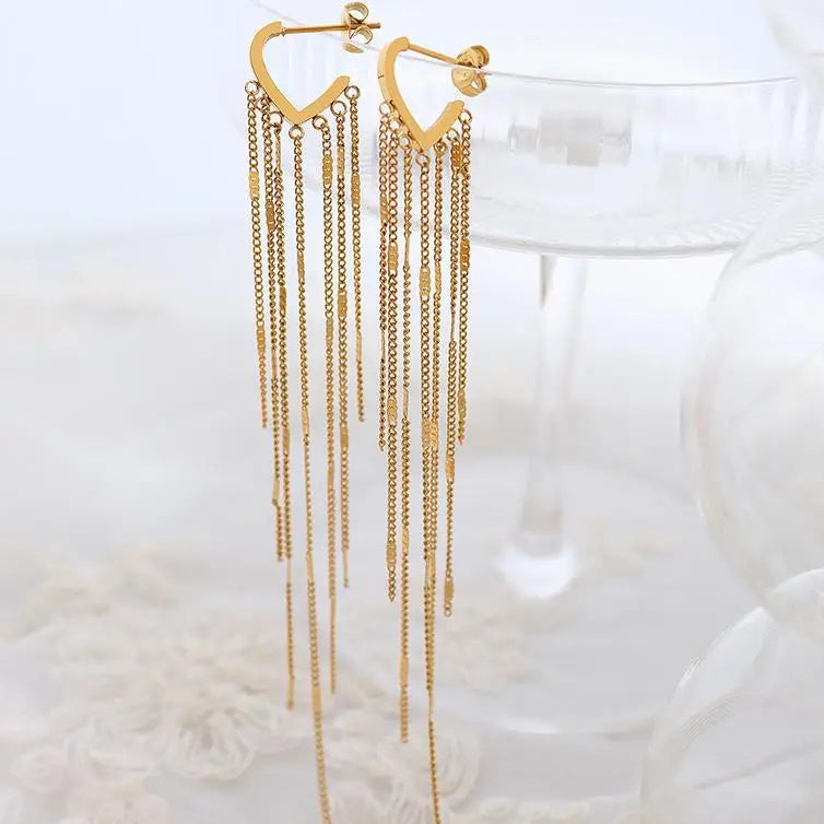 Luxury 18k Gold Stainless Steel Heart Tassel Long Fine Jewelry Earrings Earings Women