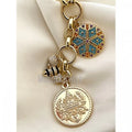 NM42700 Vintage Gold Plated Round Rolo Chain Necklace Belcher Triple Charm Chain Mixed Charm Necklace Adjustable Bee Necklace