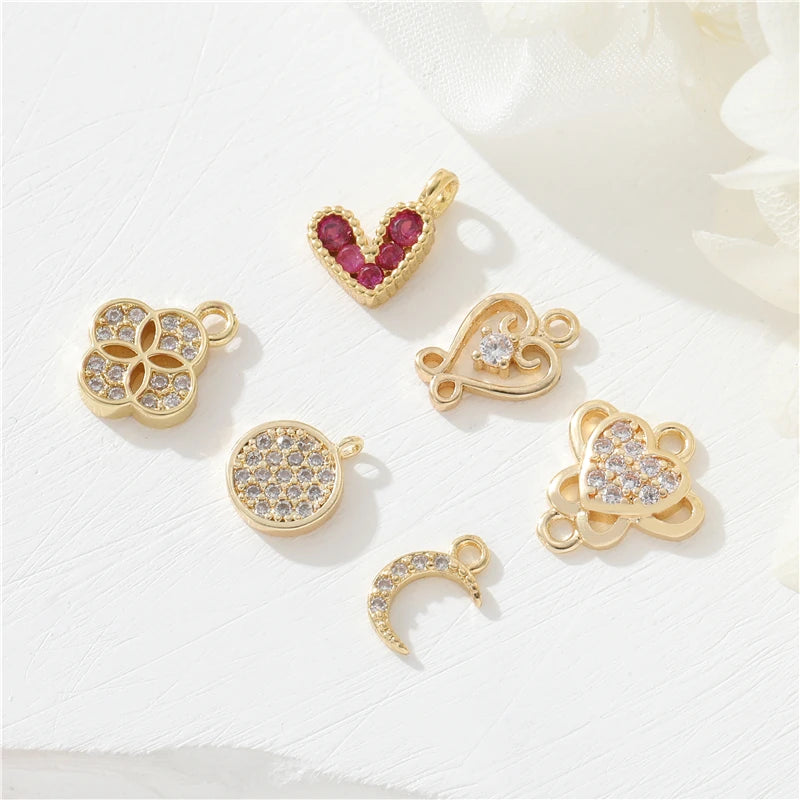Jiexing Trendy Design Charms Brass 14K Gold Plated Cute Small Red Heart Moon Round Full CZ Pendant Charms for Jewelry Making
