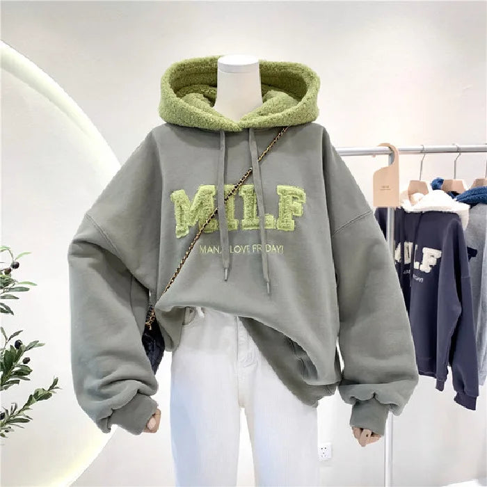50% Letter Stitching Lamb Hair and Velvet Bf Wind Hooded Sweater Sweater Sweat Shirts Women Women Oversized Hoodies 2024