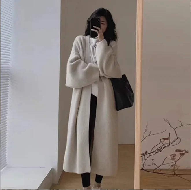 Women's Autumn and Winter New Solid Loose Knitted Cardigan Slouchy Style Slim Over Knee Thick Sweater Coat