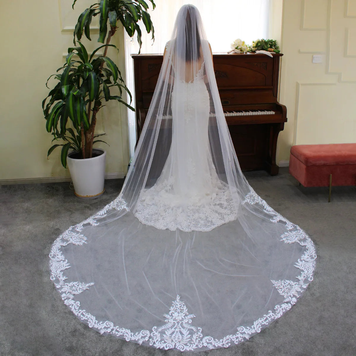 SLBRIDAL One-Layers White Lace Flower Cathedral Bridal Veils With Combs Wedding Veils Wedding Wear Accessories for Bride Mariage