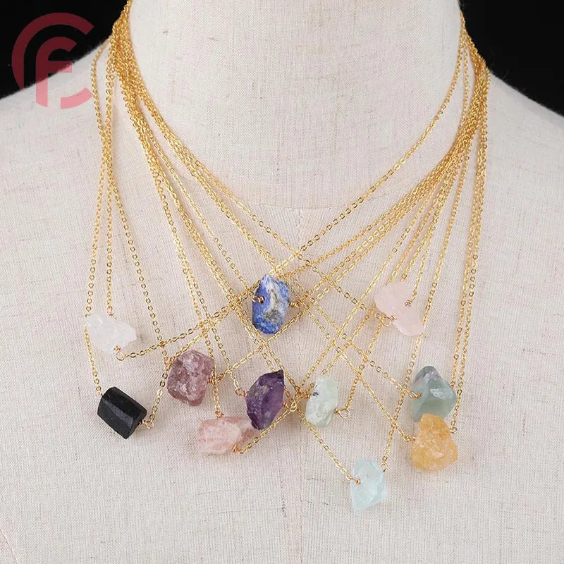Stainless Steel Gold Natural Irregular Raw Stone Pendant Necklace for Women Amethyst Rose Quartz Lapis Lazuli Necklace