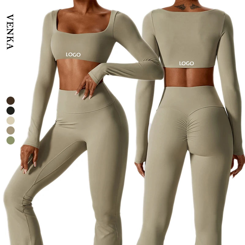 OEM Customized Women Nude Feeling Seamless Square Neck Fitness Sports Tops Sexy Crop Top Gym Quick Dry Long Sleeve Yoga T Shirts