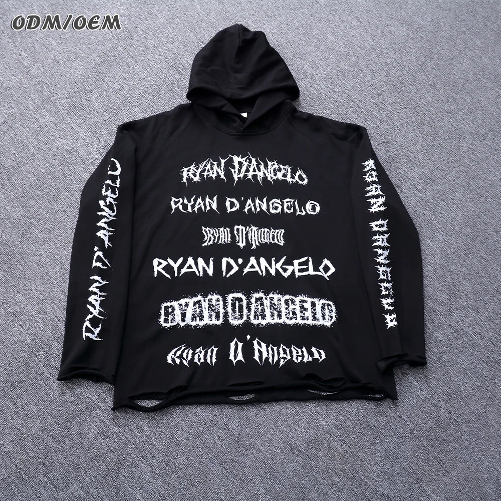 Hip Hop Hoodie Heavyweight Oversized Sweatshirt Custom 3D Silk Screen Print Puff Print Raw Hem Contrast Stitch Hoodie