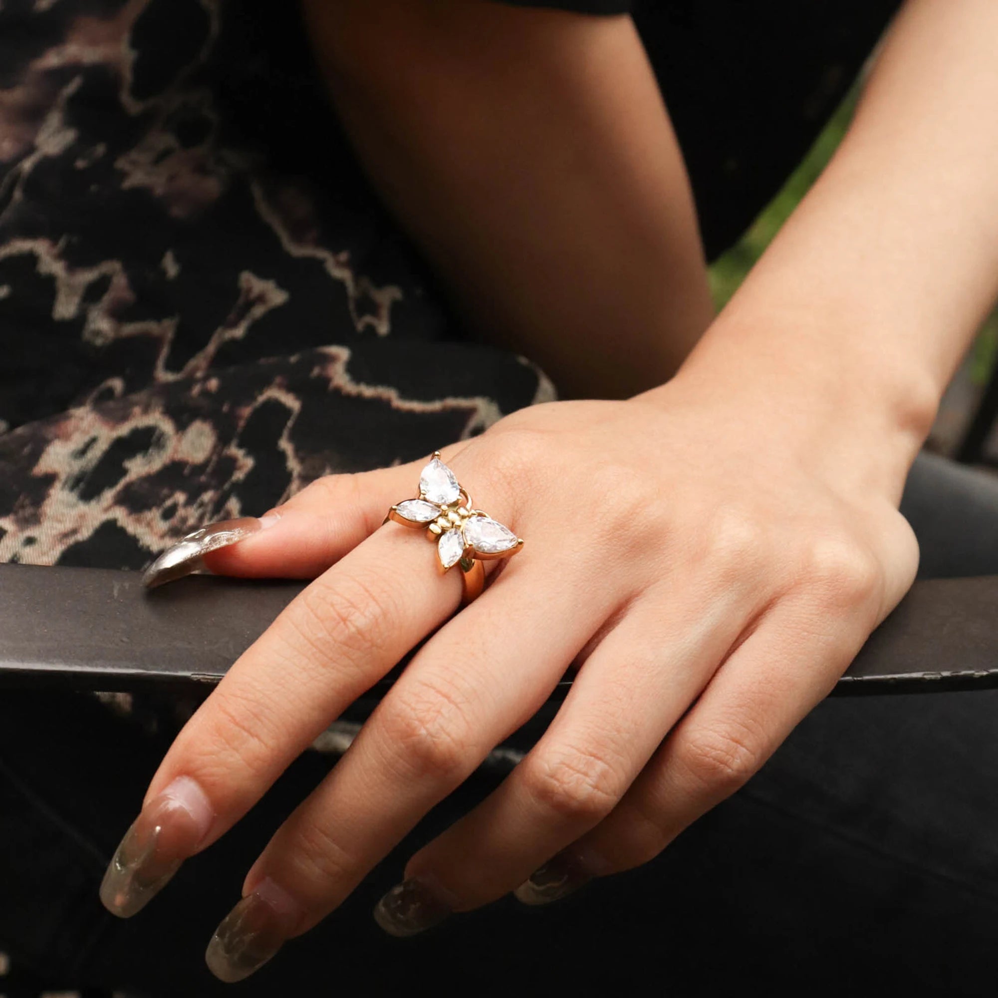 Chris April in Stock Luxury 316L Stainless Steel Minimalist PVD Gold Plated Moissanite butterfly Ring Jewelry