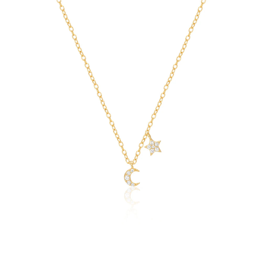 Fashion Jewelry Necklace 925 Sterling Silver Zircon Pendant Necklace Moon Star Gold Plated Necklace Women