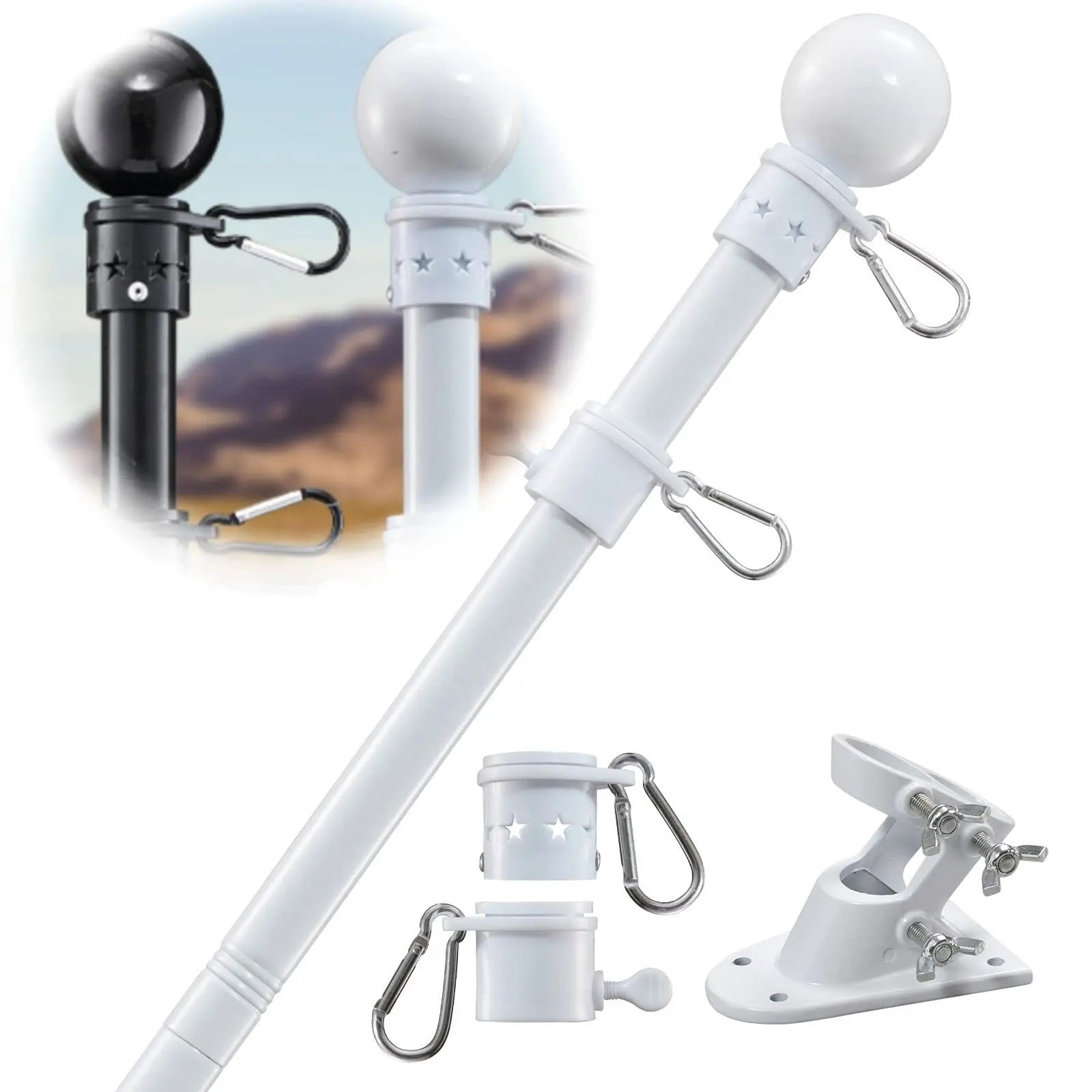 White Flag Pole for House - Tangle Free Outdoor Flag Pole Kit with Holder Bracket