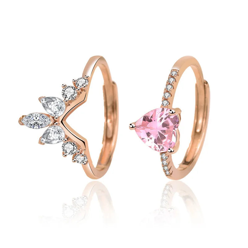 Resizable Rose Gold Plated Crown Pink Heart Ring Set for Girls
