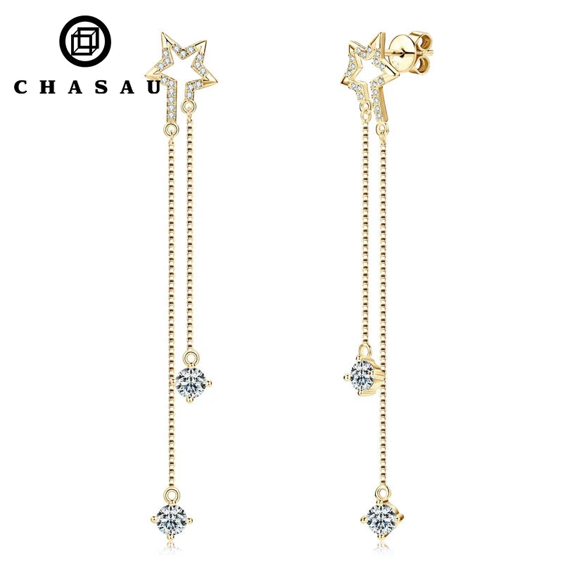 Fashion Long Earrings 925 Sterling Silver 4mm 0.3ct Round Moissanite Star Tassel Ear Stud Ladies Chain Drop Earrings for Women