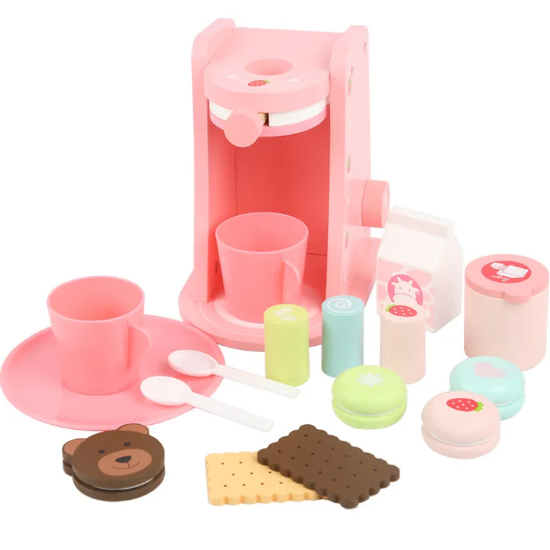 Wooden Cooking Play Toy Kitchen Toys Cafe Maker Coffee Maker Pretend Afternoon Tea Toy Set for Kids