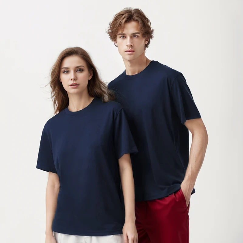 Factory Customization 220g Solona Round Neck Short-Sleeve Knitted Plain Dyed T-Shirt Cuttom Logo Work Shirts for Unisex
