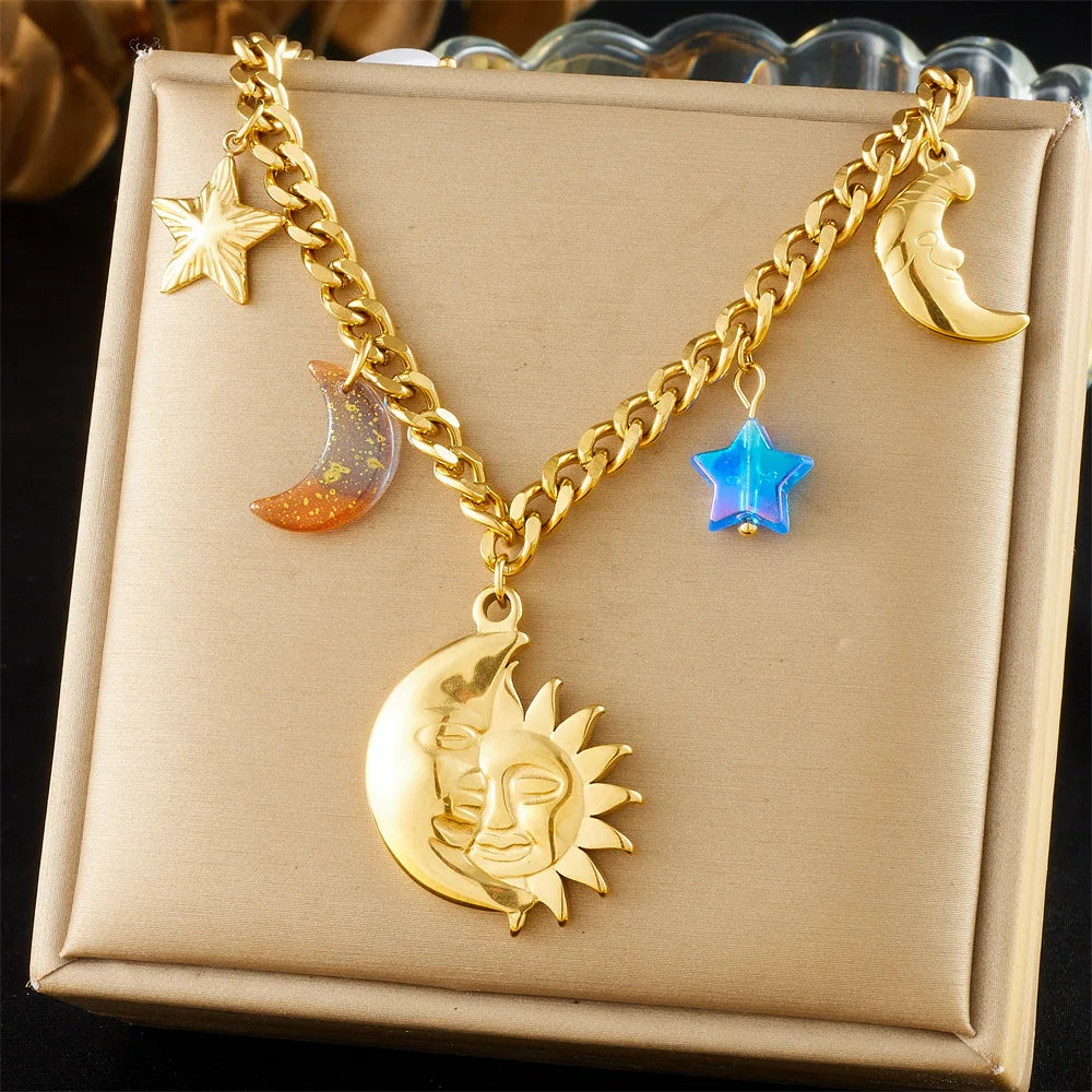 New Trendy Stainless Steel Chunky Chain Sun Moon Star Charm Necklace Sun Moon Face Pendant 18k Pvd Gold Plated Pendant Necklace