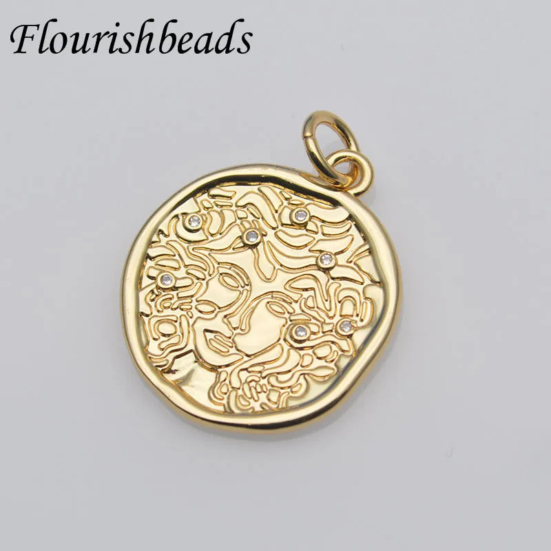 18k Gold Plated CZ Paved Irregular Pendants Portrait Coin Charms for Jewelry Making
