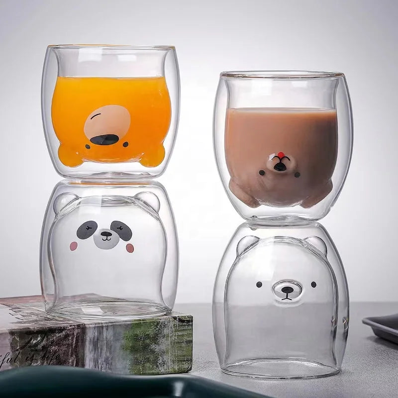 Mugs Double Wall Bear Cat Dog Animal Double-layer Glass Coffee Christmas Mug Gift Cute Tea Milk Cup
