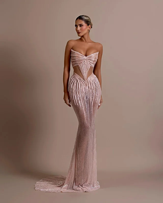 A9819 Factory Wholesale Beige Women Prom Maxi Dress Sleeveless Luxury Ladies Elegant Evening Dress