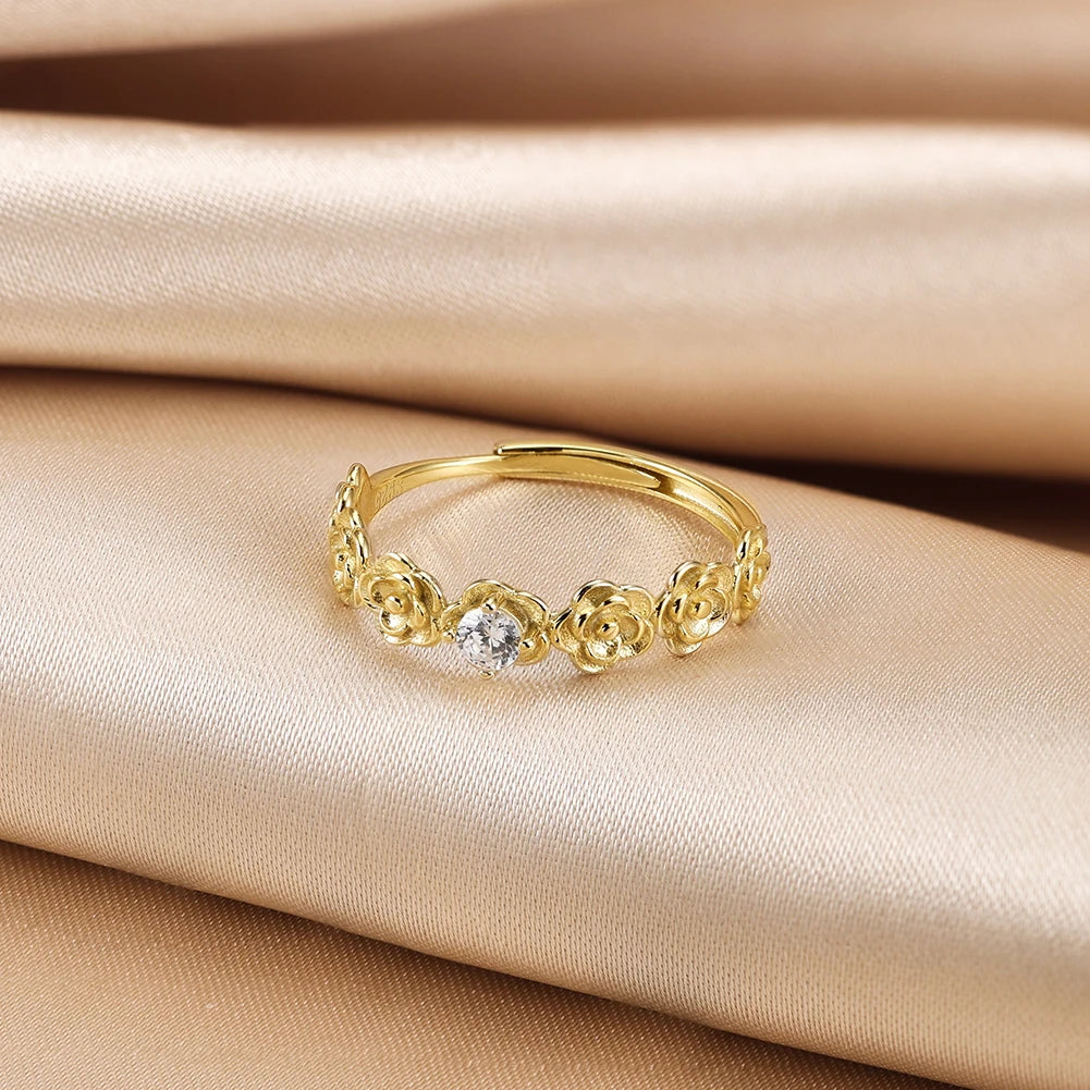 RINNTIN APR41 Delicate Jewelry 14K Gold Plated 925 Sterling Silver Dainty Zircon Flower Stacking Opening Ring for Women