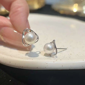 925 Pure Silver Ear Studs & Stud Earrings Refreshing Triangle with 6-7mm Natural Freshwater Round Pearl Elegant & Stylish