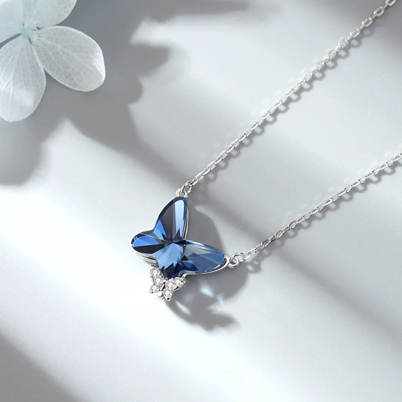 High Quality 925 Sterling Silver Crystal Pendant Butterfly Necklace for Women Girls