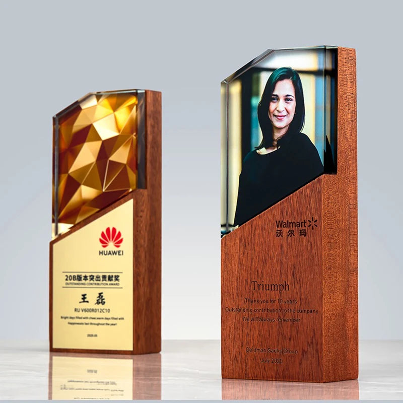 Wholesale Crystal Glass Plaques With Wood Base Customized Engraving Color Print Wooden Trophy Award