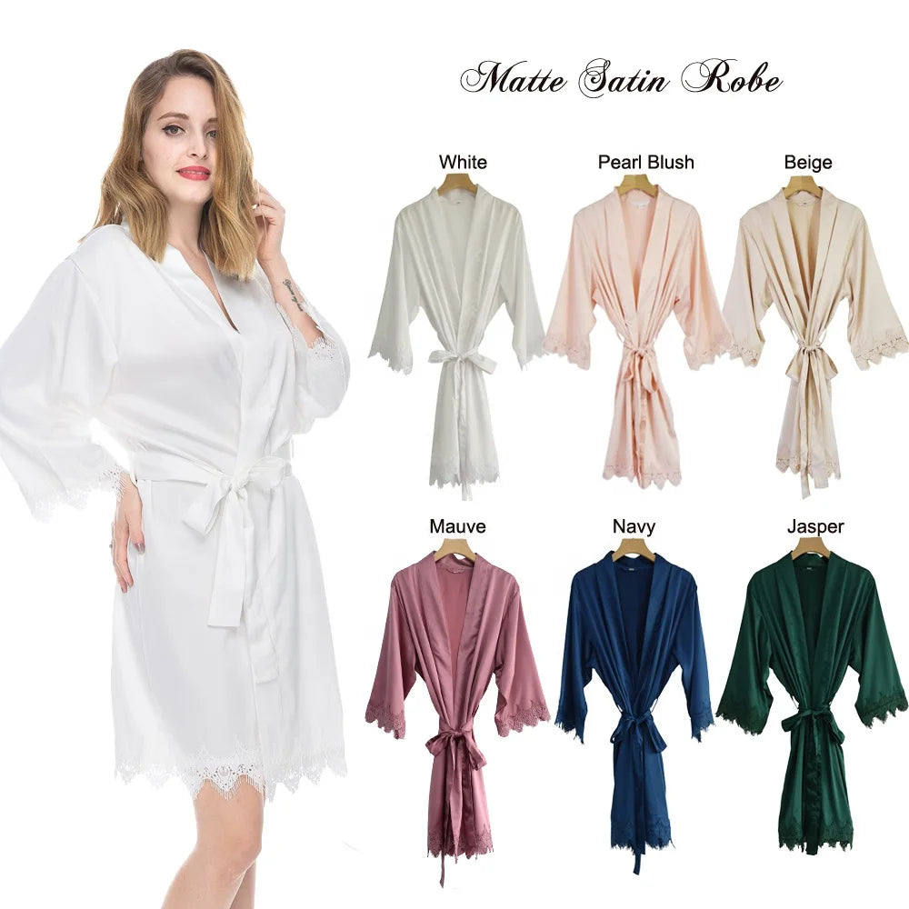 Wedding Bridesmaid Women's V-neck Knee Length Lace Trim Matte Silk Satin Kimono Bridal Robe