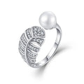 Trendy Products 2024 Dropshiping Custom Silver Jewelry 925 Pearl Crystal Paved Feather Fashion Adjustable Ring Women Gift