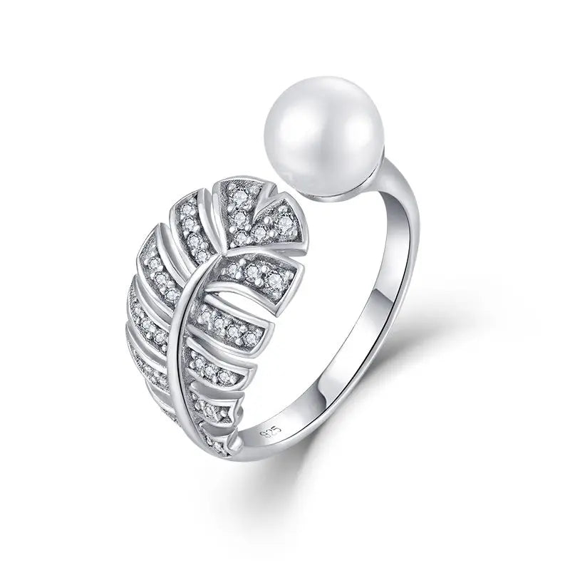 Trendy Products 2024 Dropshiping Custom Silver Jewelry 925 Pearl Crystal Paved Feather Fashion Adjustable Ring Women Gift