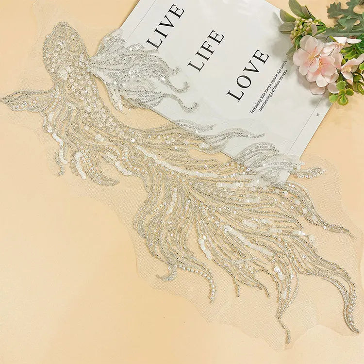 WPHB-1035 Keering Sequin Stone Beads Applique Patch Large Embroidery Fish Patch for Dress Ball Gown