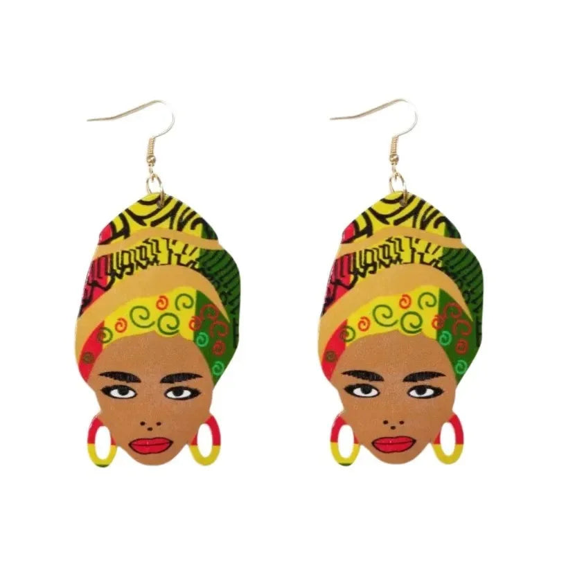 Stock Printing Wood Colorful African Women Head Earrings