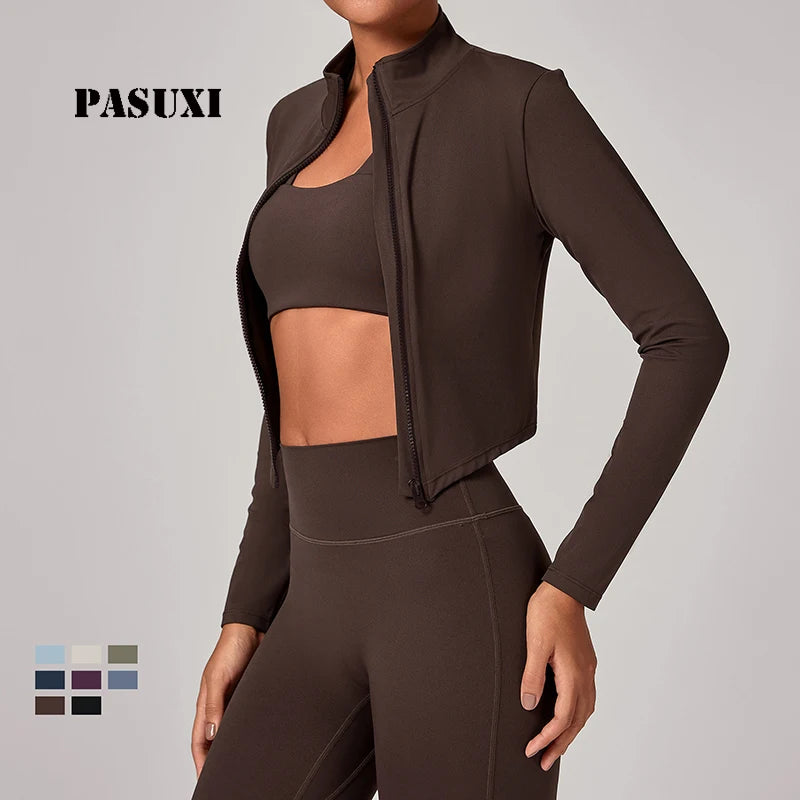 PASUXI Women Stand up Collar Zipper Yoga Jacket Long Sleeve Quick Dry Compression Top Breathable Fitness Sports Wear Gym Pilates