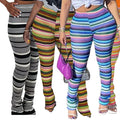S-XXL Women's Colorful Stripe Casual Pants Knitted Hollow Jacquard Pile Pants Fashion Flared Pants