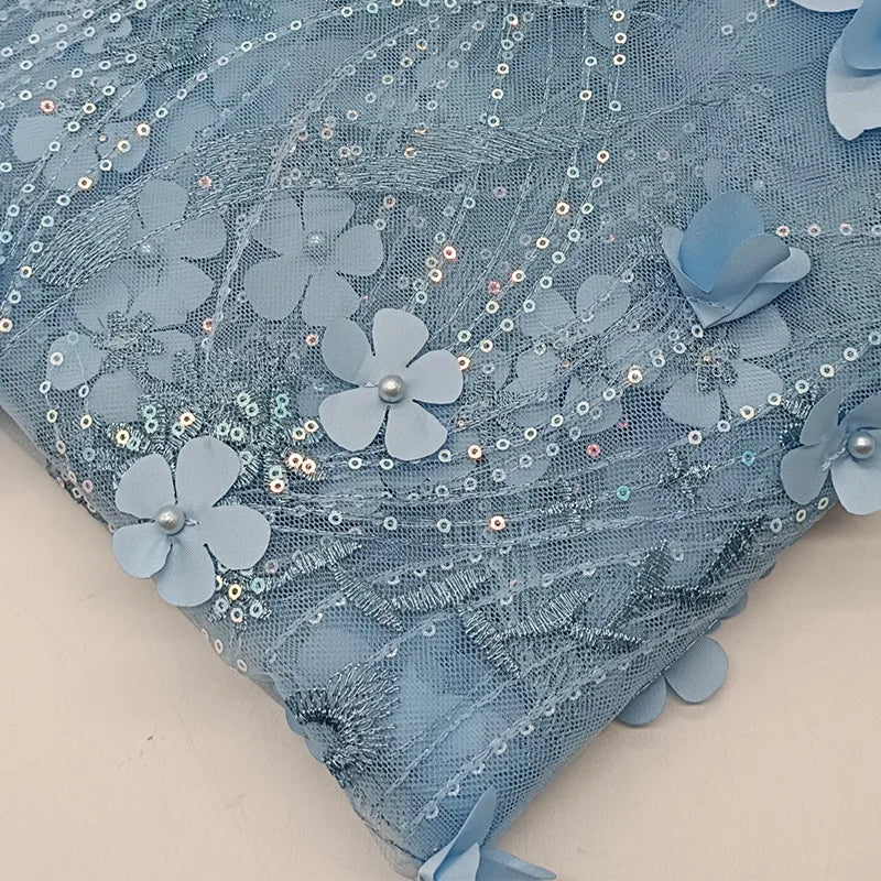 Sky Blue Beads Fabric 3D Flower Embroidery Beaded Fabric Embroidered Lace For Women Dress